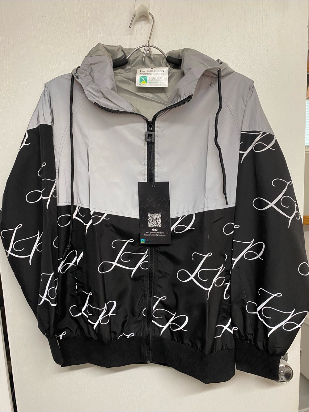 Men's Two-Tone Black & Gray Hooded Rain Jacket with Script Print